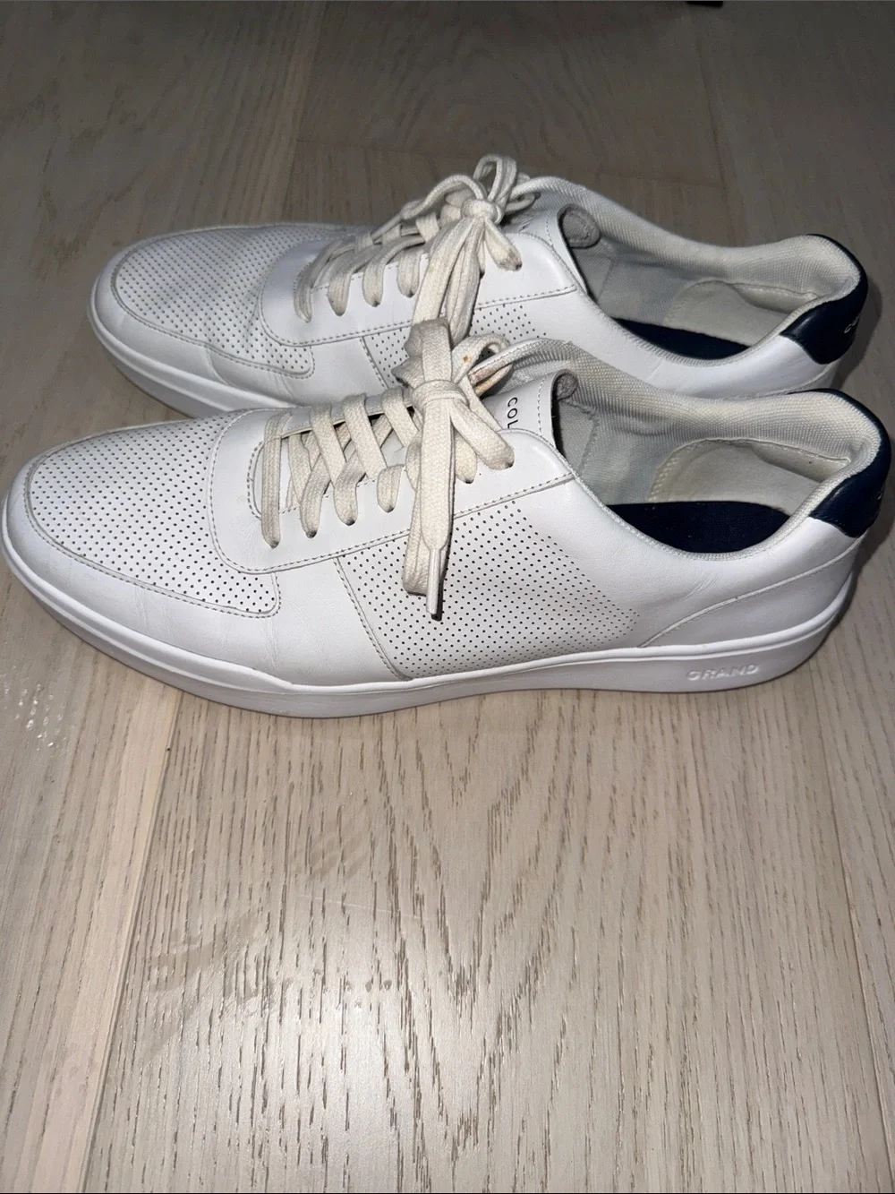 Cole Haan White Leather Perforated Men's Sneakers with Navy Heel Tab